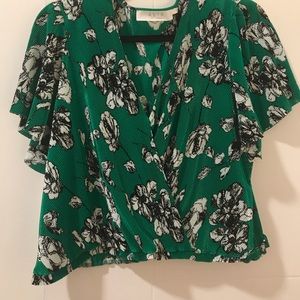 Green Floral Faux Wrap Blouse